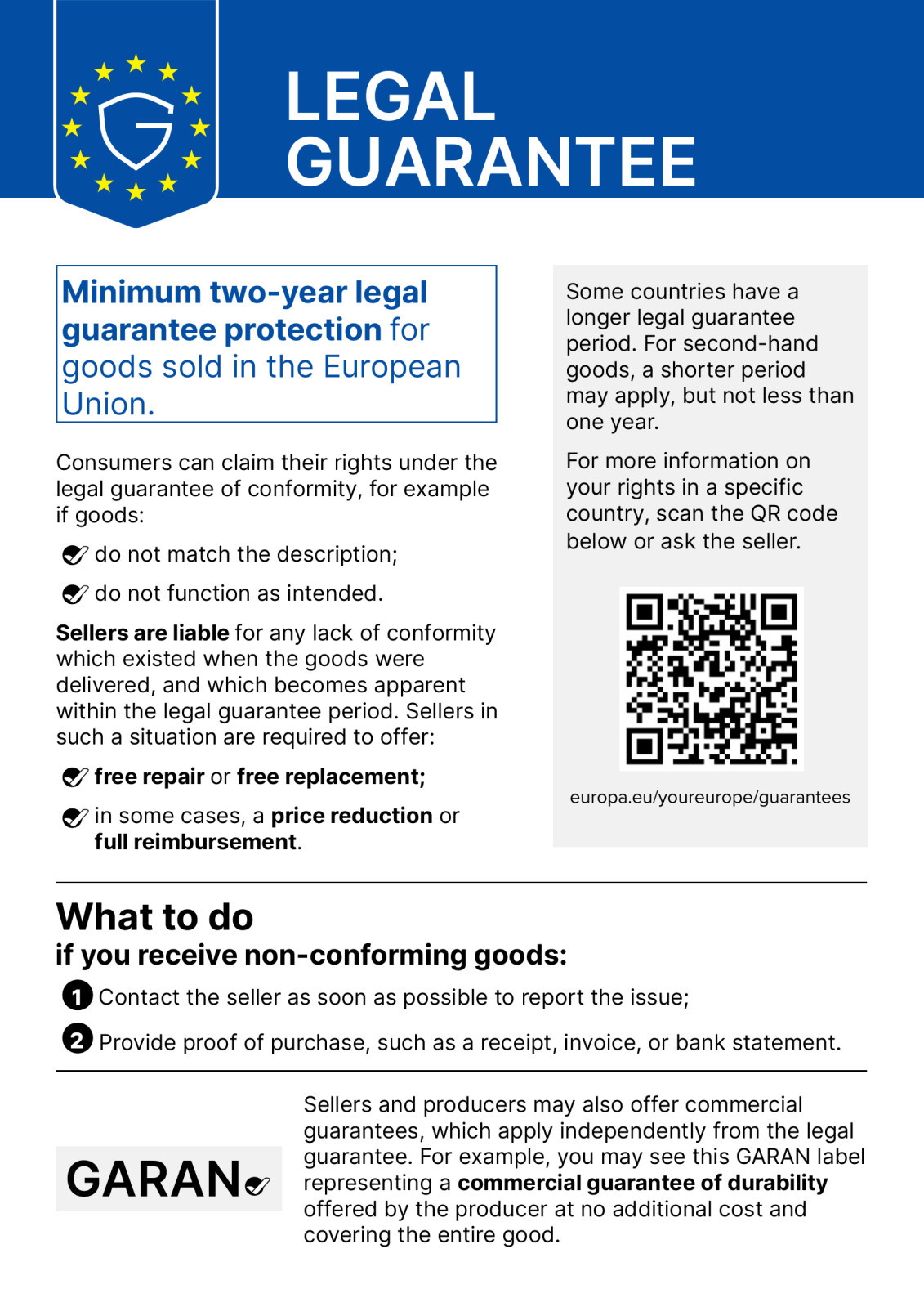 Notice regarding statutory liability for defects  Consumers have a statutory right to request that a defect be remedied or to receive compensation. The statutory liability for defects is valid for two years.  If you discover a defect in the product (for example, if the product does not match its description or does not function as intended), please contact the seller and report the defect.  Please provide a receipt or invoice as proof of purchase.