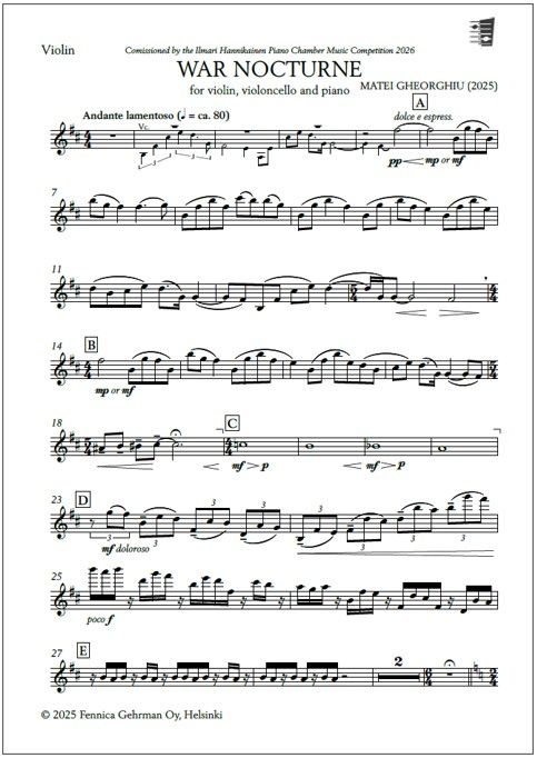 War Nocturne for violin, violoncello and piano - Score (piano) & parts