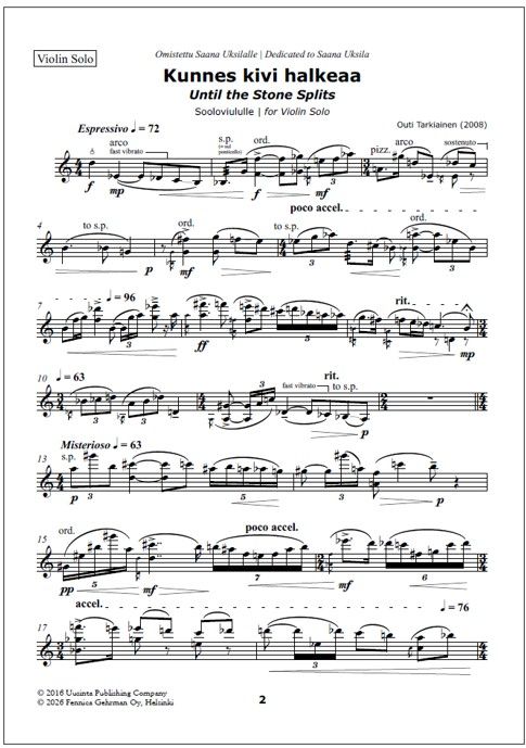 Kunnes kivi halkeaa (Until the Stone Splits) for violin