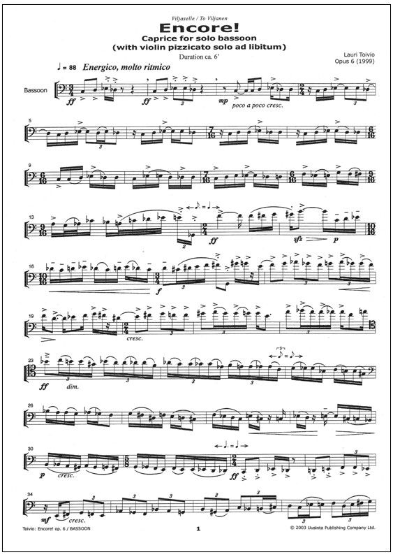 Encore! - Caprice for solo bassoon (with violin pizz. solo ad lib.), op. 6