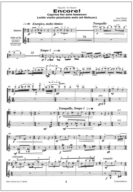 Encore! - Caprice for solo bassoon (with violin pizz. solo ad lib.), op. 6