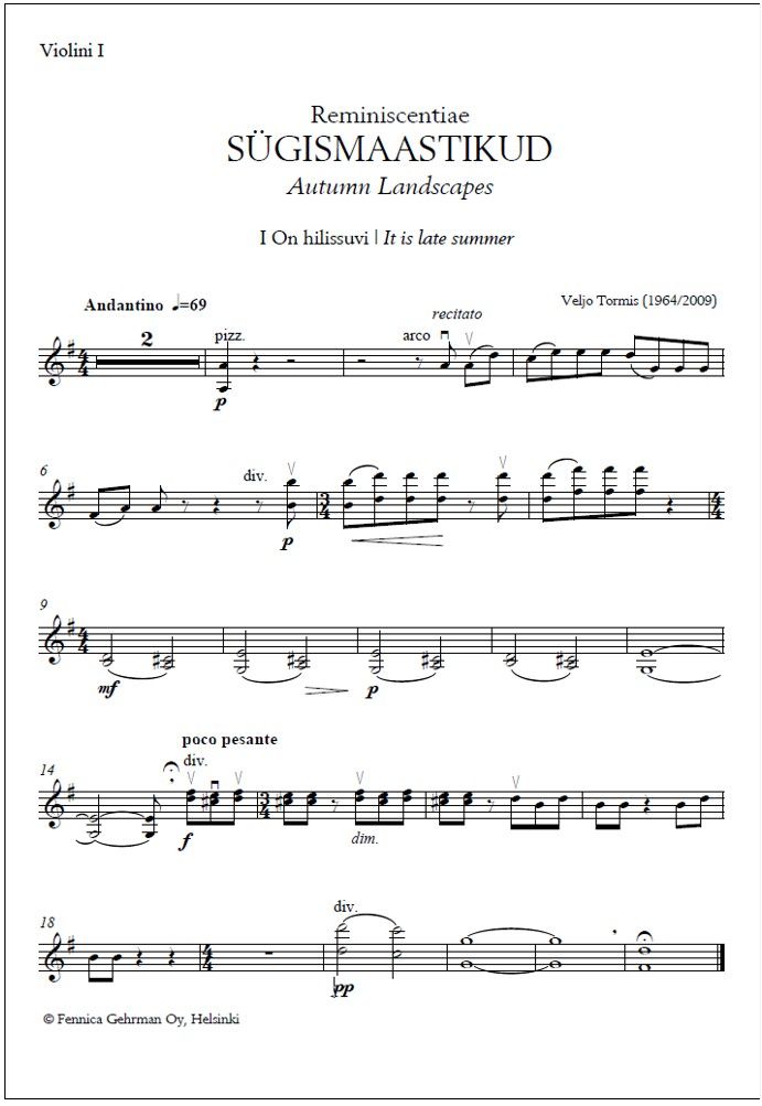 Reminiscentia: Sügismaastikud for string orchestra - Score & parts