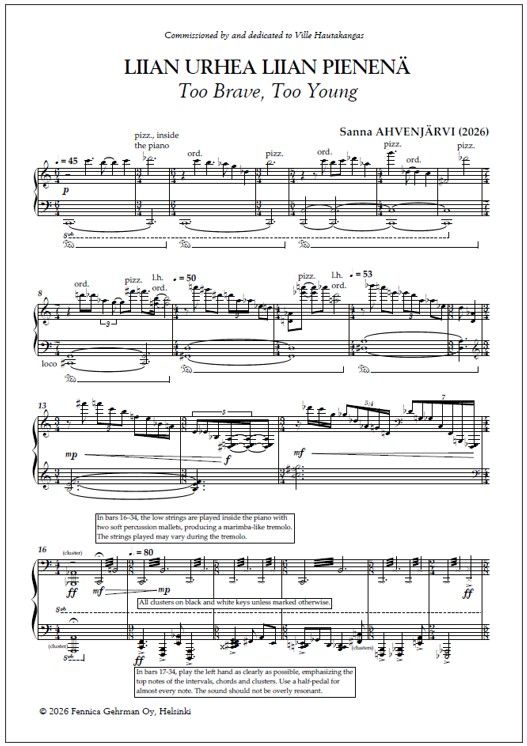 Liian urhea liian pienenä - Piano